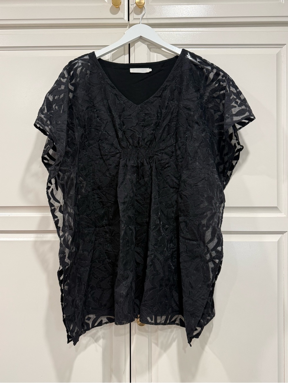 Anne Fontaine Black V-Neck Floral Embroidered Tunic Sheer Size 40 Euro 6-8 US